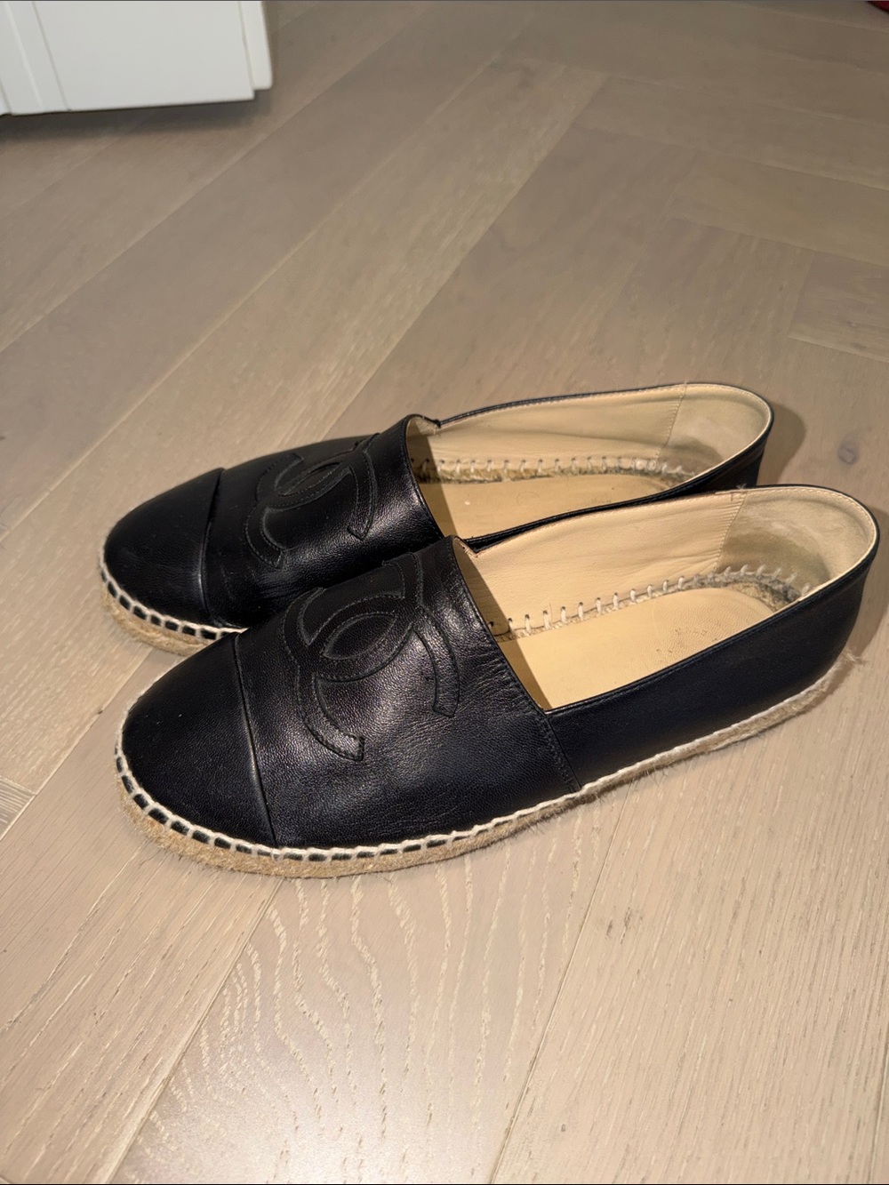 CHANEL Black Leather Espadrille Slip-On Shoes